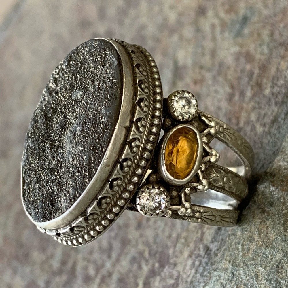Aldrich Art * Stunning Large Druzy Amber & White Topaz Ring